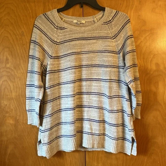Madewell Cabin Stripe Natural & Navy Linen Silk Sweater Size M - Picture 3 of 12